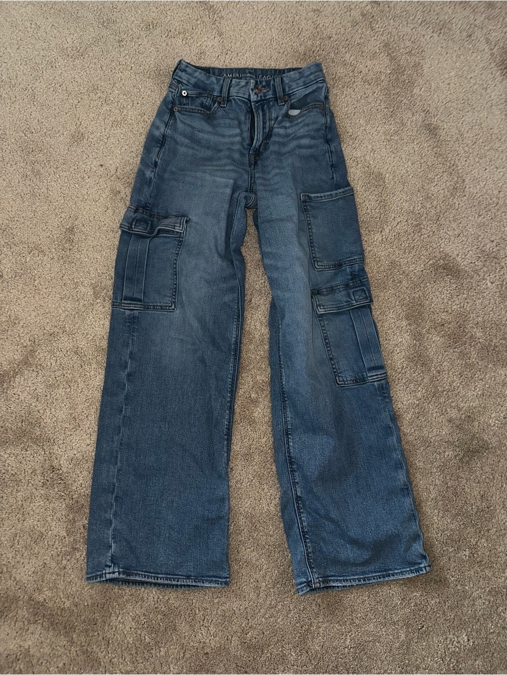 American Eagle Outfitters Dark Blue Wide-Leg Cargo Jeans stretch